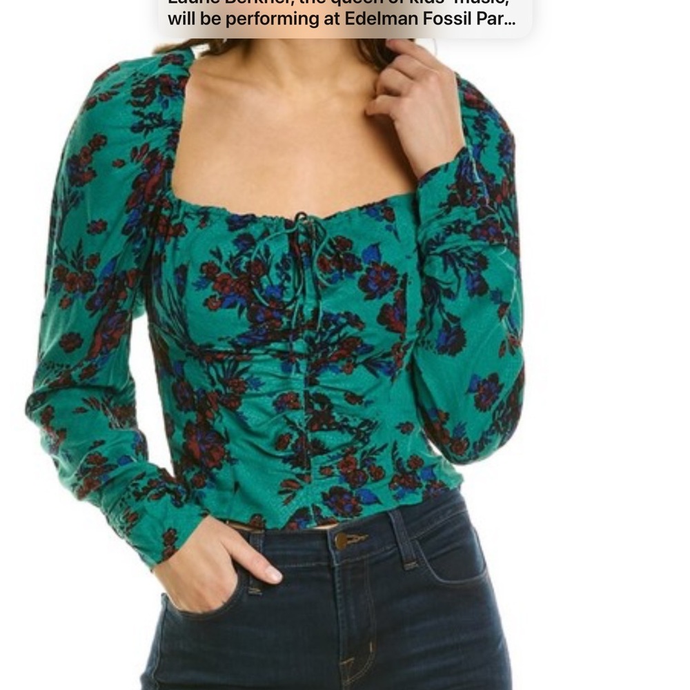 Floral Square-Neck Long-Sleeve Top in Teal